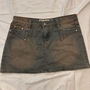 Q Collection rhinestone studded denim mini skirt